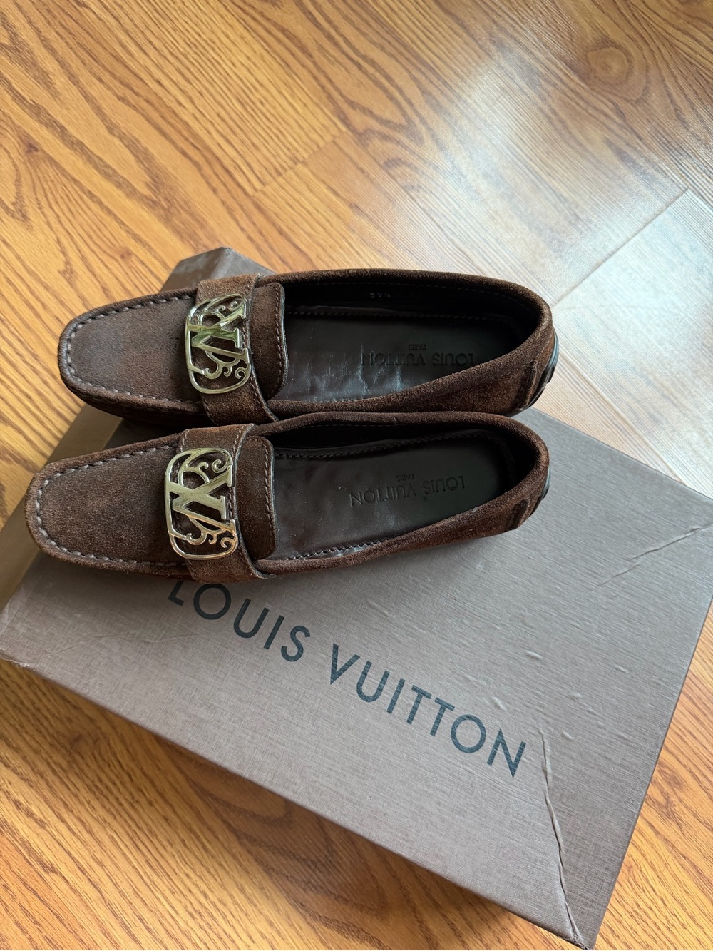 Louis Vuitton Vintage Brown Suede Women’s Loafers with Silver Buckle 37.5